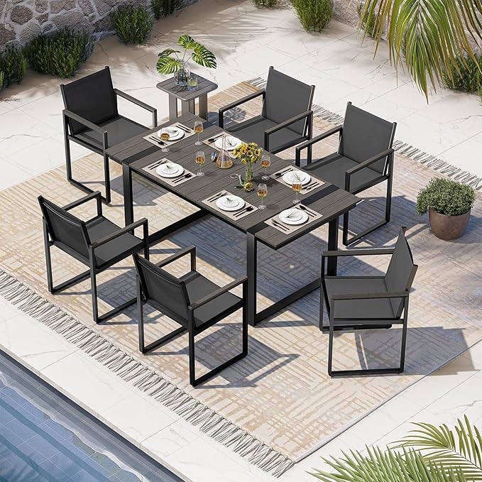 Outdoor Dining Set, HDPS + Aluminum Patio Table and Chairs Set with U-Shaped Base, 7 Piece Outdoor Furniture Set with Umbrella Hole, Patio Dining Table Set for Garden, Backyard (Charcoal)