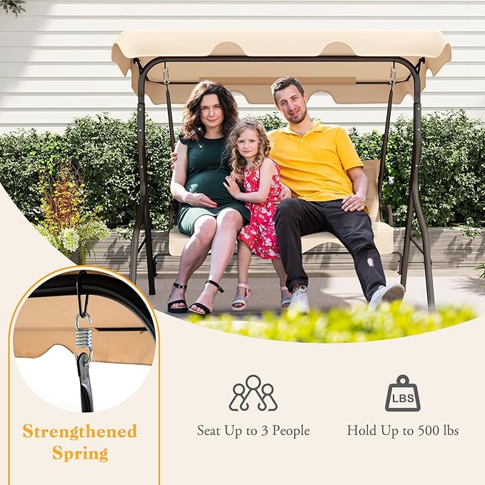 Porch Swing Outdoor, 3 Person Patio Swing w/Removable Cushion, Stand & Adjustable Canopy, Heavy Duty Swing Chair for Patio, Garden, Courtyard, Poolside