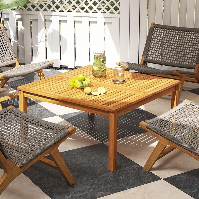 RELAX4LIFE Wood Outdoor Coffee Table - 35.5’’ Square Patio Tables w/Slatted Tabletop & Solid Legs, Patio Dining for Balcony Garden Porch Poolside Deck, Acacia Wooden Outdoor Side Table