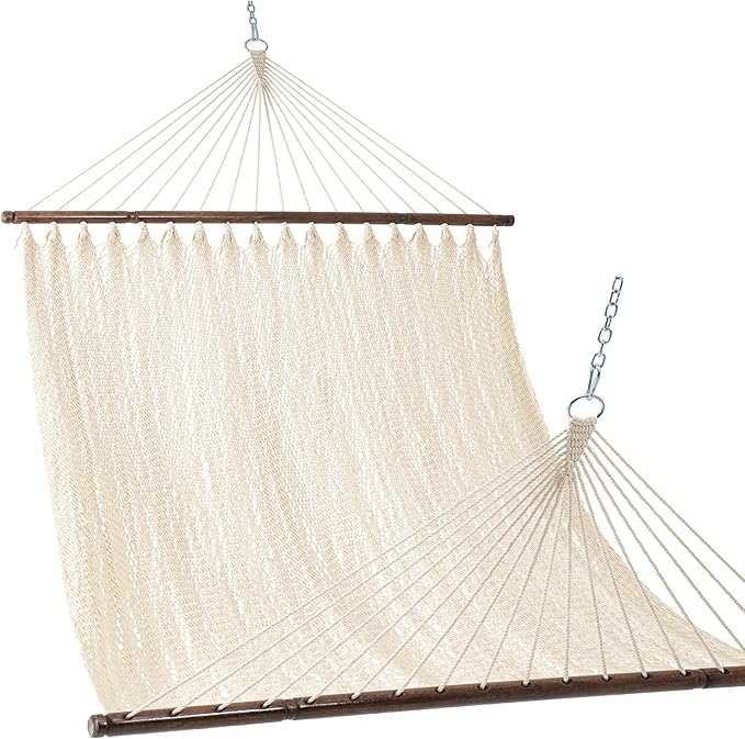 Lazy Daze Hammocks 10.5 FT Double 2 Person Caribbean Rope Hammock, Hand Woven Polyester Hammock with Spreader Bars, for Outside Outdoor Backyard Patio Poolside, 450 LBS Capacity, Cream