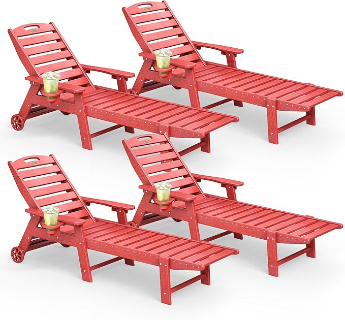Lounge Chair Outdoor Set of 4 with Wheels, Adjustable 5-Position Chaise Lounge Outdoor, Patio Lounge Chair for Poolside Backyard, Red