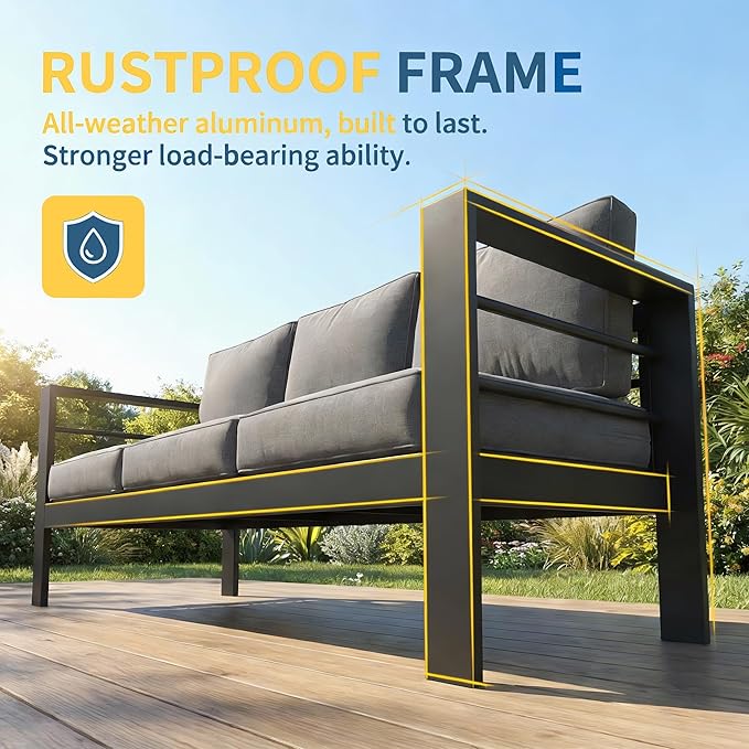 Solaste Aluminum Patio Furniture Set for All Weather, Oversized Metal Outdoor Furniture Set with 27.5" Deep Seating and 3.2" WIde Armrest, Outdoor Patio Conversation Sets with 10’’ Back Suport Cushion
