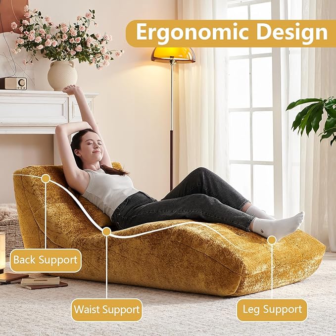 Chaise Lounge Chair with Curved Back, Modern Upholstered Recliner Sofa, Tufted Accent Lounger Comfortable Lazy Chair for Bedroom, Apartment (Yellow)