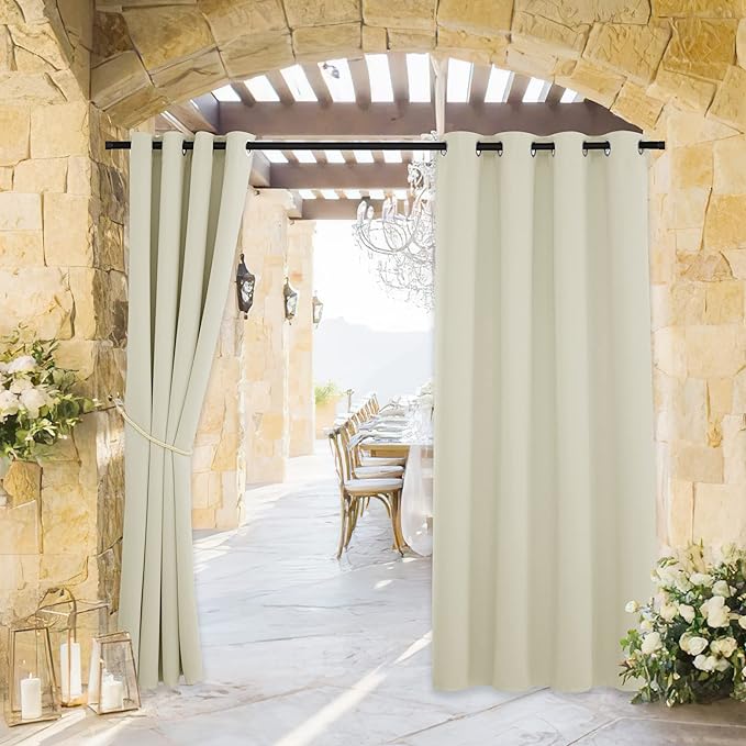 RYB HOME Outdoor Curtains for Patio Waterproof Block Sunlight Thermal Insulated Privacy Assured Thick Outside Curtains for Pergola, Cabana, Gazebo, W52 x L72, Beige, 1 Panel
