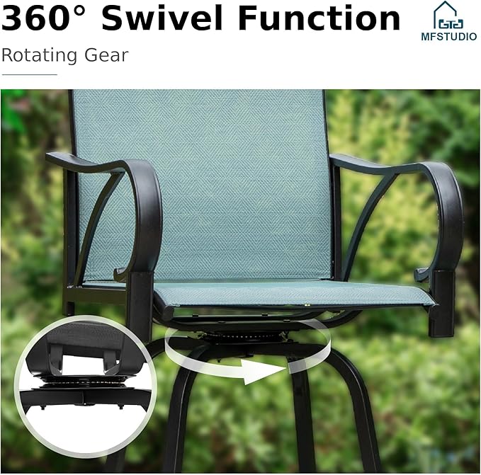 MFSTUDIO Outdoor Bar Stools Set of 2, Swivel Bar Height Patio Chairs Outdoor Barstools High Top Patio Swivel Bar Chairs with Armrest, Breathable Textilene, Turquoise Blue