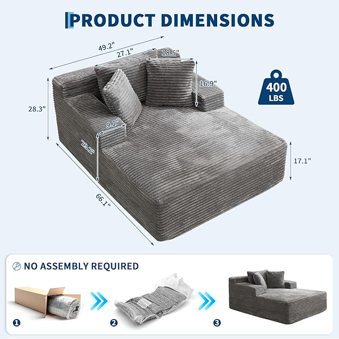 Garvee 50" Oversized Chaise Lounge Indoor Boneless Couch with 3 Pillows Corduroy Sofa Bed, Comfy Sleeper Chair for Living Room Bedroom Reading Chair No Assembly Required, Grey