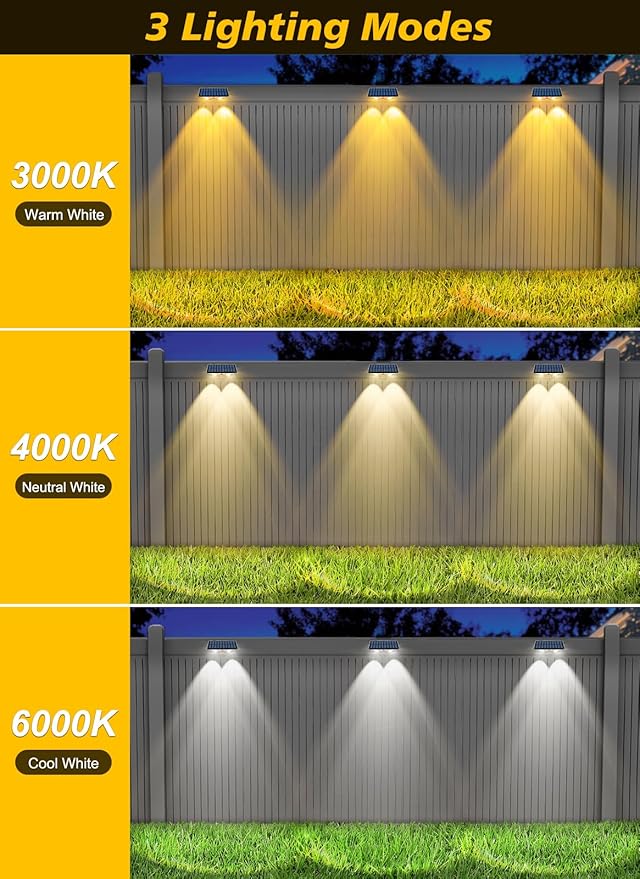 Solar Fence Lights Outdoor - 3000K/4000K/6000K 3 Color Modes, IP65 Waterproof Fence Lights Solar Powered Outdoor, Solar Powered Wall Light for Outside Porch Step Wall Stair Patio Yard (12 Pack)