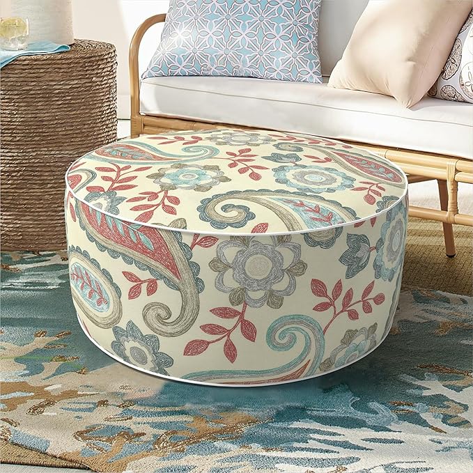 Inflatable Ottoman Stool D21 xH9 for Outdoor/Indoor Use, Water Repellent Patio Foot Rest with Portable Handle,Round Pouf Ottoman Suitable for Garden,Deck and Camping-Paisley Vintage