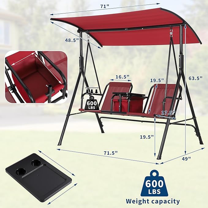 Porch Swing with Cup Holders & Pivot Storage Table & Cooler Bag with Adjustable Canopy for 2 Person Patio Swing for Backyard Balcony Poolside Red