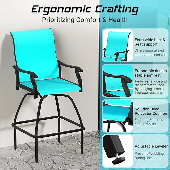 LEVELEVE Patio Bar Set 2pcs Swivel Bar Stools Outdoor Bistro Textilene Furniture Stability All-Weather Set (2, Lake Blue Padded)