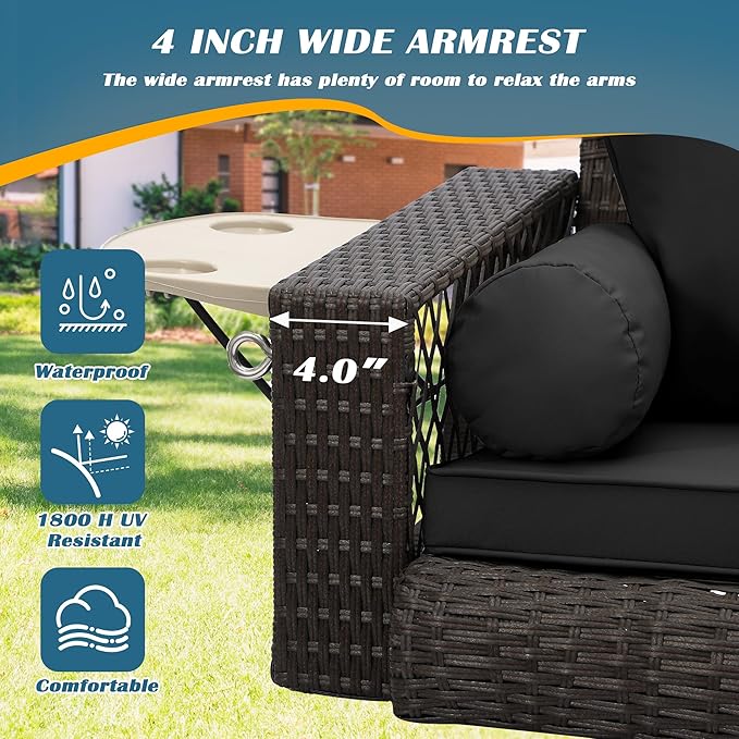 Outdoor Wicker Patio Porch Swing - 3 Person Swing Outdoor Hanging Porch Swing Seat Bench with Chains for Yard, Deck, Garden (Brown Rattan Black Cushion)