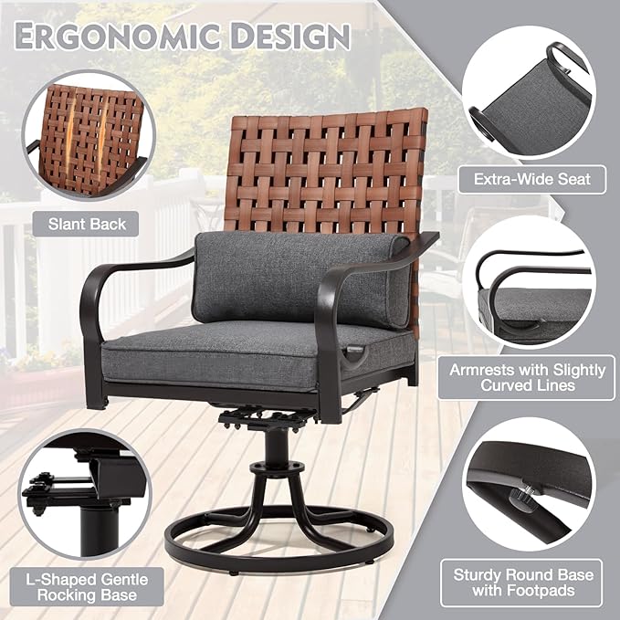 MELLCOM 5-Piece Outdoor Dining Set, 4 Swivel Leather-Look Chairs with Lumbar Pillows & Square Dining Table with Umbrella Hole, Patio Furniture Set for Porch, Garden, Backyard, Poolside, Deck, Grey