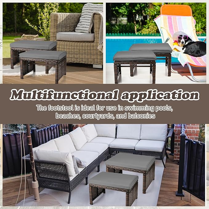 2 Pcs Patio Rattan Ottomans Outdoor Wicker Ottomans Patio Footstool Footrest with Removable Cushion Soft Zippered Cushions Function Footstool Seat Table for Backyard Balcony Poolside(Gray, Black)