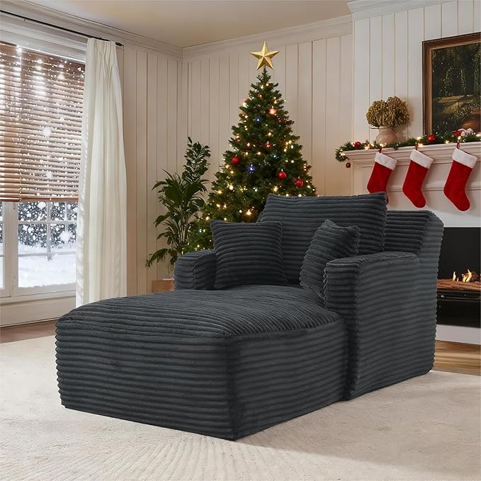 65.4" Chaise Lounge Chair Indoor, Oversized Boneless Couch Comfy Upholstered Sleeper Sofa Bed with 3 Pillows, Corduroy Cloud Reading Chair for Living Room No Assembly Required, Dark Grey