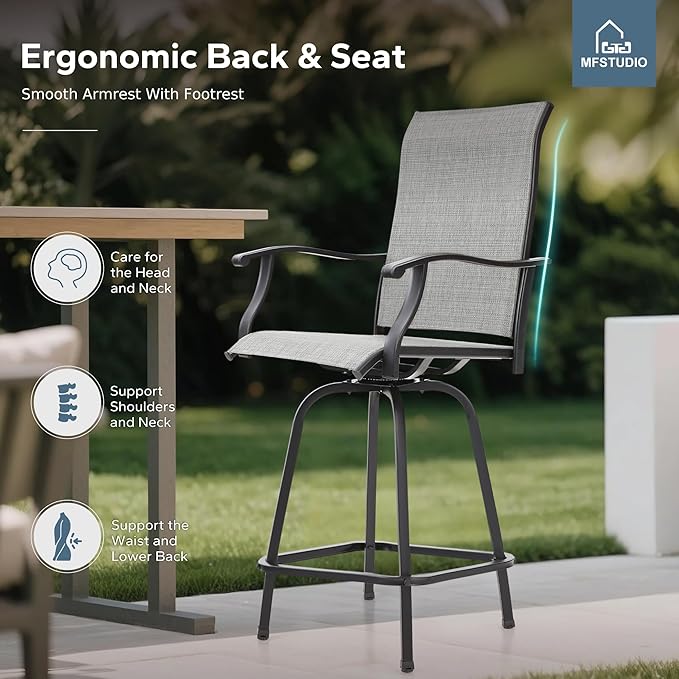 MFSTUDIO Outdoor Bar Stools Set of 6, Swivel Bar Height Patio Chairs Outdoor Barstools High Top Patio Swivel Bar Chairs, Breathable Textilene, Light Grey