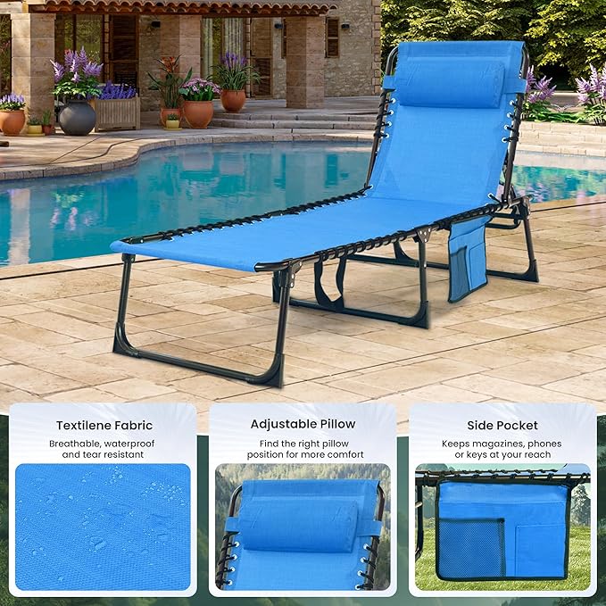 Folding Chaise Lounge Chair 2 Pack - 400lb Capacity, 5-Position Adjustable Recliner with Pillow | Portable for Patio, Pool, Camping & Sunbathing (Blue)