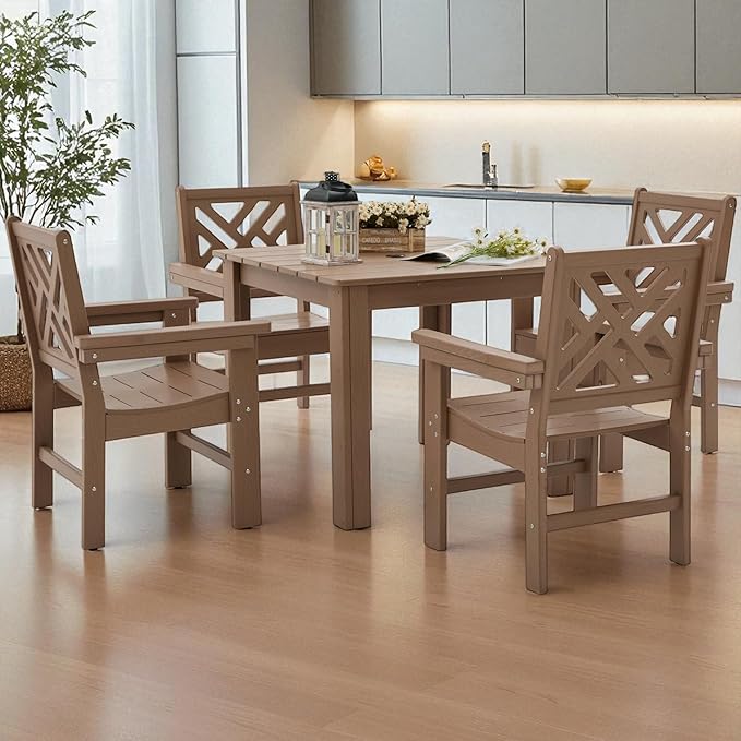 HDPE Outdoor Dining Set,5-Piece Outdoor Table and Chairs Include 4 Armchair Chairs and 35.5" Square Patio Dining Table with Umbrella Hole (Brown)