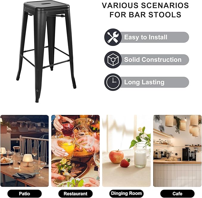 Elevon 30 Inches Metal Bar Stools, High Backless Stools, Indoor Outdoor Stackable Kitchen Stools, Set of 4, Black