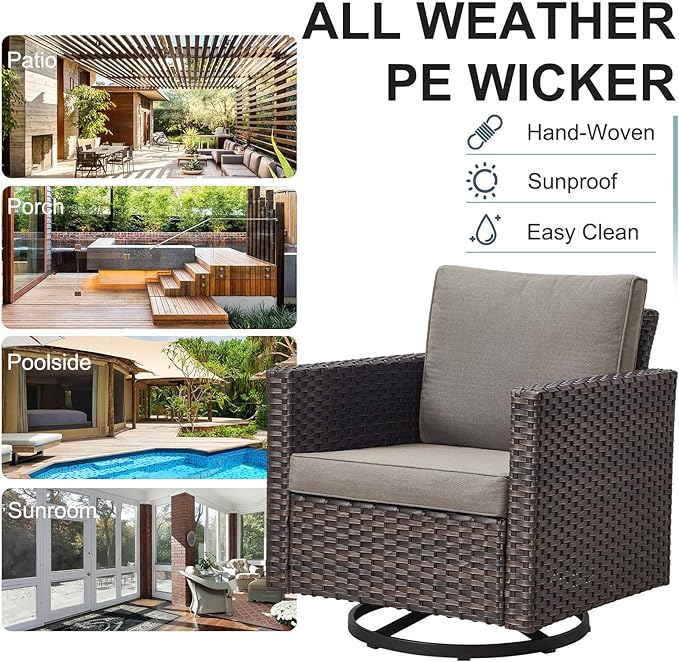 Belord Wicker Patio Furniture 5 Piece Outdoor Sofa Set, Oversize Outdoor Swivel Rocker Chairs with Rattan Ottomans, Conversation Sets Patio Furniture Come with Removable Cushion Grey, Anti-Rust Frame