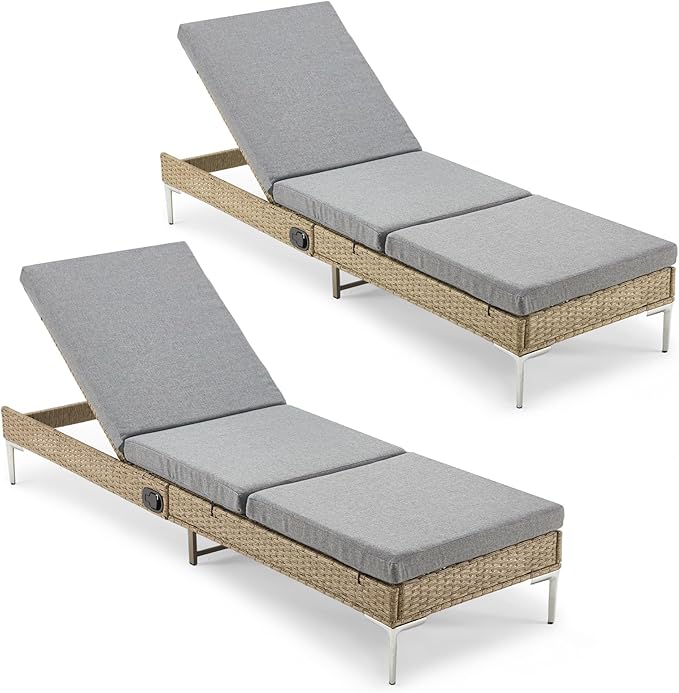 HOMREST Outdoor Chaise Lounge Chair Set of 6, Patio Wicker Lounge Chairs with Adjustable Backrest, Rattan Pool Sunbathing Chaiser with Removable Cushion (Grey)
