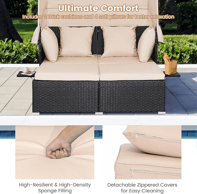 RELAX4LIFE Patio Outdoor Daybed with Canopy, Wicker Sunbed w/Cushions, 4 Pillows & 2 Retractable Side Trays, 2-Person Lounge Bed Conversation for Poolside Porch Garden, Rattan Outdoor Bed (Beige)