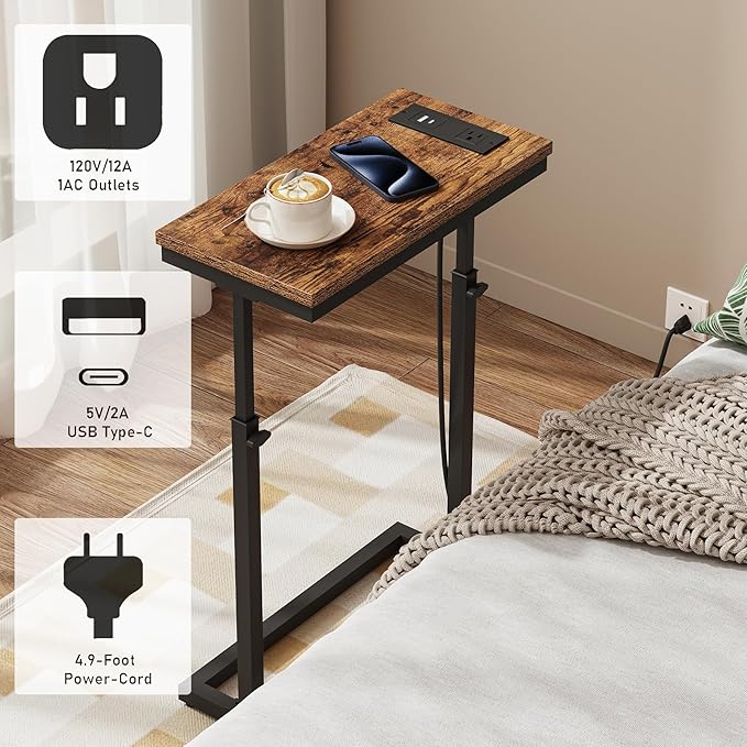 TUTOTAK End Table with Charging Station, Side Table, Tall Couch Table, Sofa Table, Living Room, Bedroom,Brown TB01BB084