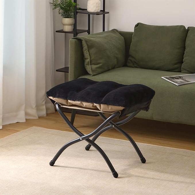 15"(H) Folding Ottoman, Set of 2, Foldable Footrest Stool, Small Foot Stool for Couch, Collapsible Foot Rest Ottoman for Sofa, Accent Padded Ottomans for Living Room, Bedroom, Black