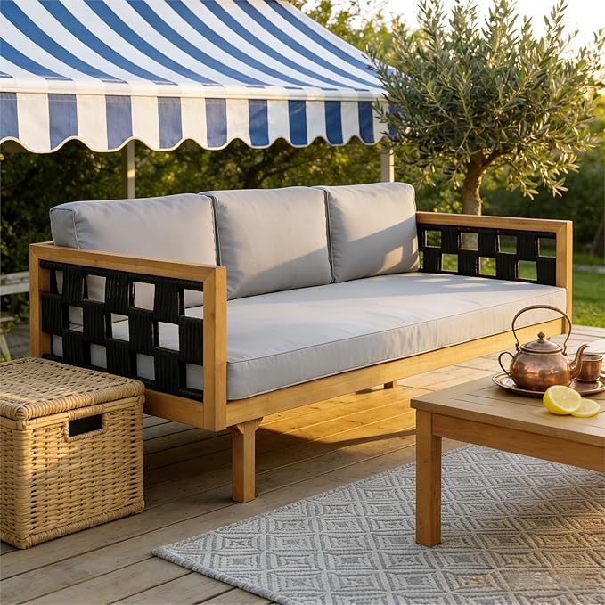 Christopher Knight Home Rosie Acacia Wood Outdoor Daybed Sofa with Water-Resistant Cushion, Solid Wood Patio 3 Seater Sofa Couch, Patio Garden Lounge Sofa with Woven Rope Accent, Black+Teak+Light Gray