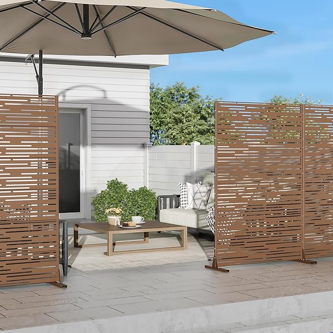Casaphoria Metal Privacy Screen Outdoor, 72" H x 47" W Freestanding Decorative Privacy Screen for Patio Deck Balcony Garden with Stable Base, Brown-Shine