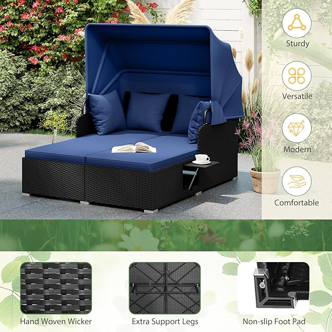 ORALNER Outdoor Daybed, 2-Person Wicker Patio Sofa with Retractable Canopy, Cushions & Pillows, 2 Side Trays, PE Rattan Sunbed Double Lounger for Deck Poolside Garden Balcony (Navy)
