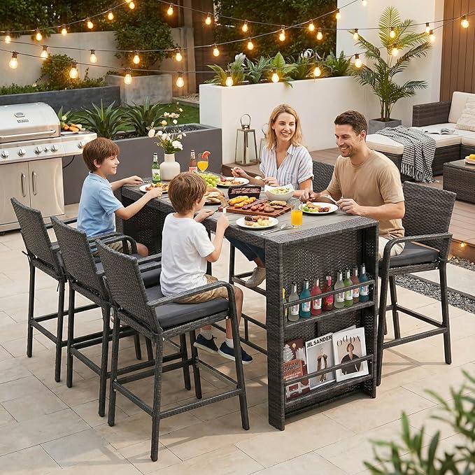 NICESOUL 7-Piece Outdoor Patio Bar Set, Wicker High Top Table with 6 Cushioned Chairs and Hidden Double Storage Shelves, Rattan Counter Bar Height Dining Set for Backyard, Garden, Poolside, Gray