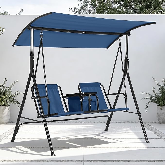 2-Person Porch Swing with Cup Holders, Pivot Storage Table & Cooler Bag, Adjustable Canopy, Black Steel Frame Outdoor Patio Swing for Backyard, Balcony & Poolside