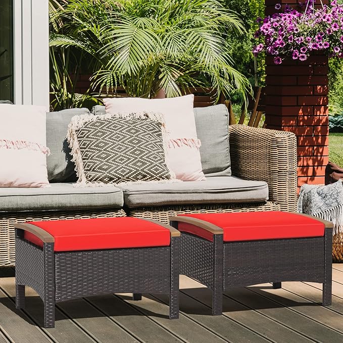 RELAX4LIFE Outdoor Wicker Ottomans for Patio - 2 Pieces PE Rattan Ottoman, Footrest Seat with Zippered Cushions, Acacia Wood Handles, 3-in-1 Footstool, Side Table for Poolside, Backyard (Red)