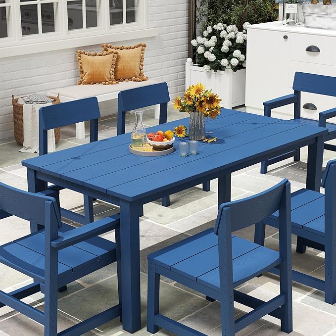 7 Piece Outdoor Dining Table Set HIPS Patio Dining Sets with Umbrella Hole Outdoor Furniture for 6 All Weather Patio Furniture Set for Outside Deck Backyard Poolside Garden, Deep Blue