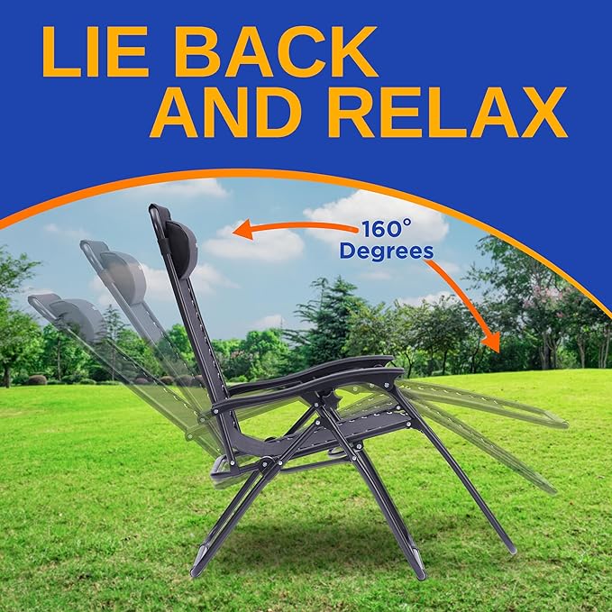 SereneLife Outdoor Zero Gravity Lounge Chair Set with Table – 2 Adjustable Recliners with Cup Holders, Headrest, Steel Frame & Foldable Design for Patio, Pool, Garden, or Camping