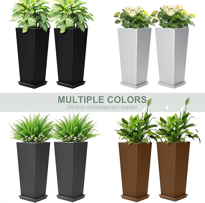 Set of 2 Tall Planters with Drainage Tray, 24 Inch Large Flower Pots for Indoor Outdoor Plants Mordern Planter Weather-Resistant for Patio, Front Door Decor, Garden (Gray)