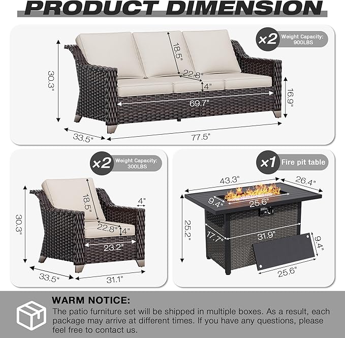 Joyside Wicker Patio Furniture Sets, 5 Pieces Upgraded Large Size Outdoor Furniture with Patio Dining Chair, Two 3-Seat Sofa, Fire Table,Thick Cushions, Wide Armrest, Beige