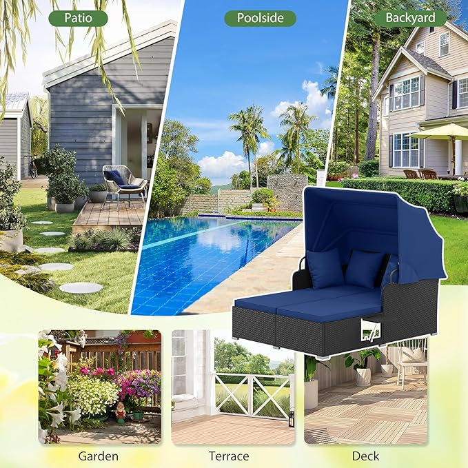 ORALNER Outdoor Daybed, 2-Person Wicker Patio Sofa with Retractable Canopy, Cushions & Pillows, 2 Side Trays, PE Rattan Sunbed Double Lounger for Deck Poolside Garden Balcony (Navy)
