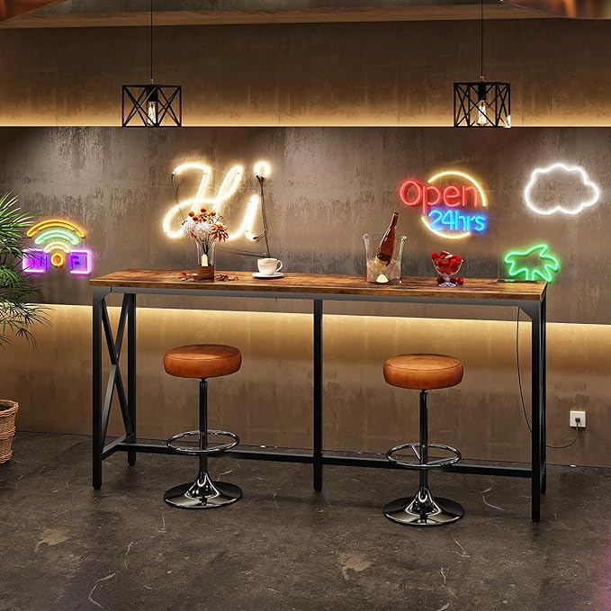 63'' Bar Table, Kitchen Dining Table with Power Outlet and Footrest, Industrial Style, for Pub, Living Room, Rustic Brown and Black TBT07UBF