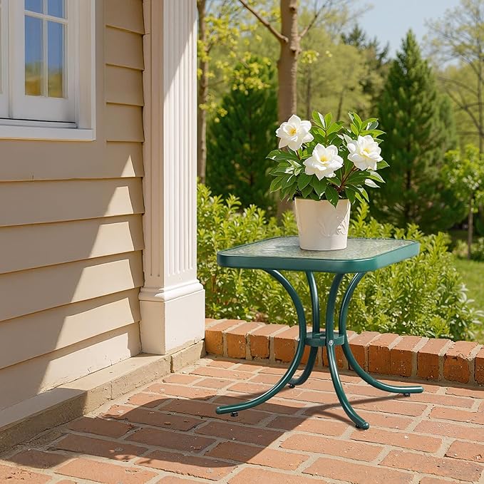 VINGLI Outdoor Side Table, 18" Patio Table Steel Frame Tempered Glass Top, Weatherproof Small Tables for Balcony Garden Poolside (Green, Square)