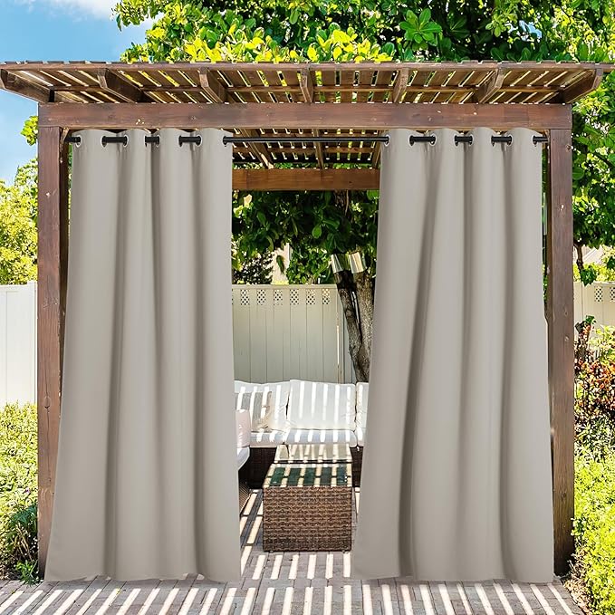 NICETOWN 2 Panels Natural Outdoor Curtains for Patio Waterproof, Thermal Insulated Rustproof Grommet Light Blocking Indoor Outdoor Window Treatment Room Darkening for Gazebo, W52 x L95