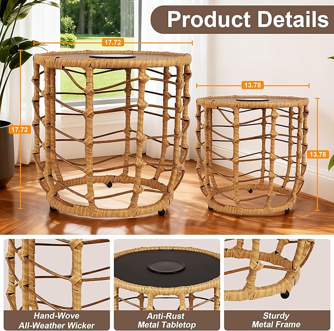 PARTPHONER Boho Solar Outdoor Side Table with Built-in Lights Set of 2, All-Weather Wicker Nesting Tables, Round Waterproof Accent End Table Design for Patio, Porch, Garden & Balcony, Natural Brown