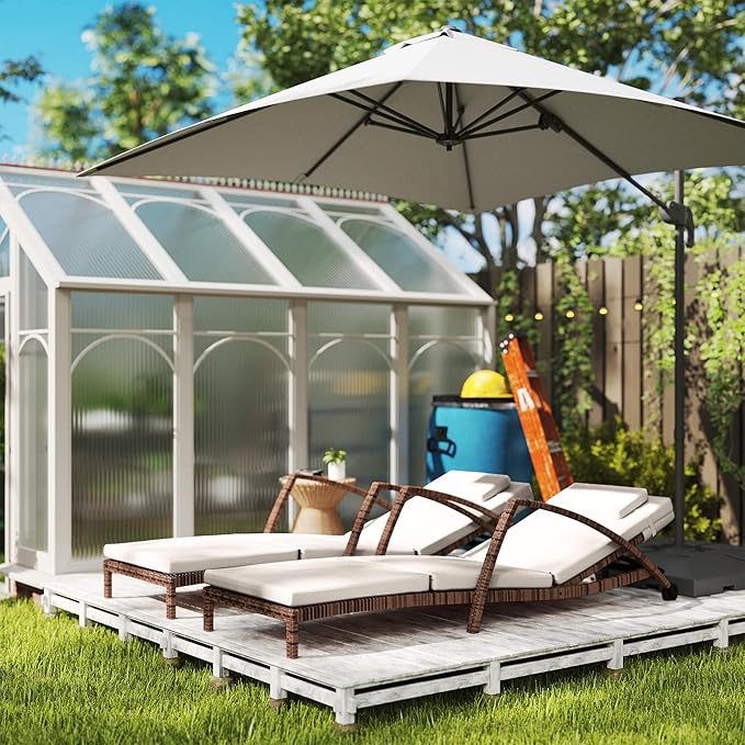 Outsunny Wicker Chaise Lounge Chair Outdoor Set of 2, 5-Position Adjustable Reclining Pool Lounge Chairs with Wheels, Rattan Outdoor Lounger with Cushion, Armrests for Poolside Beach Backyard, Beige