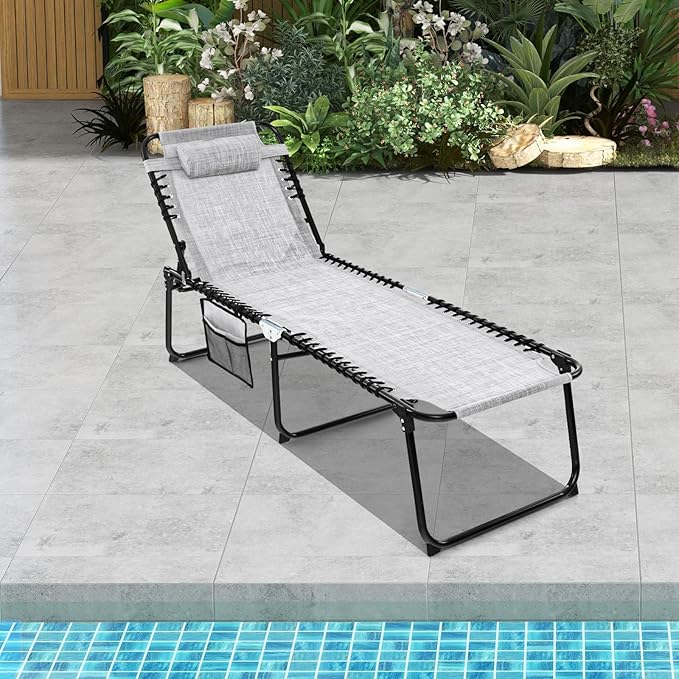 GYMAX Lounge Chairs for Outside, Extra High Folding Beach Tanning Lounger with Adjustable Backrest, Footrest & Removable Pillow, Sunbathing Lounge for Patio, Poolside (1, Grey with Pocket)