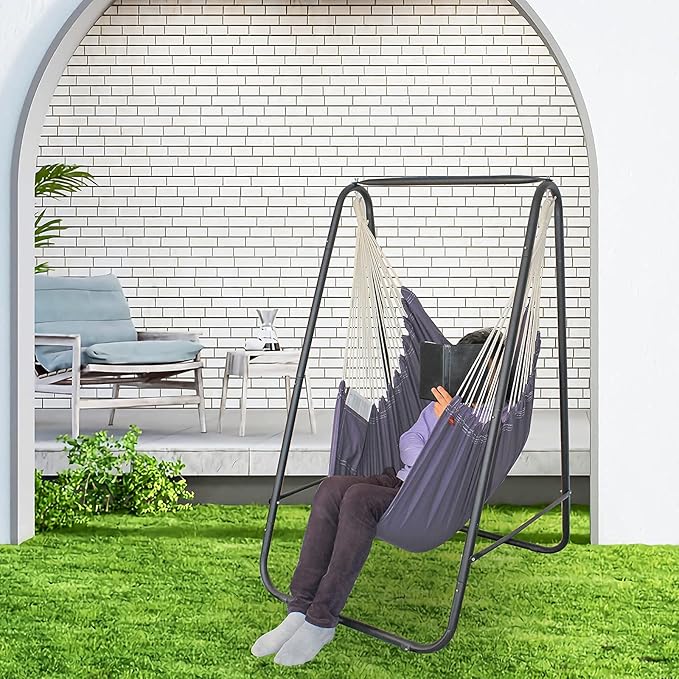 YUCAN Hammock Chair Stand with Hanging Swing Chair Included,Weather Resistant and Saving Space Stand Max 450 Lbs, Quality Cotton Weave Wrap Whole,Suitable for Indoor Outdoor Patio Yard（Grey） Patented