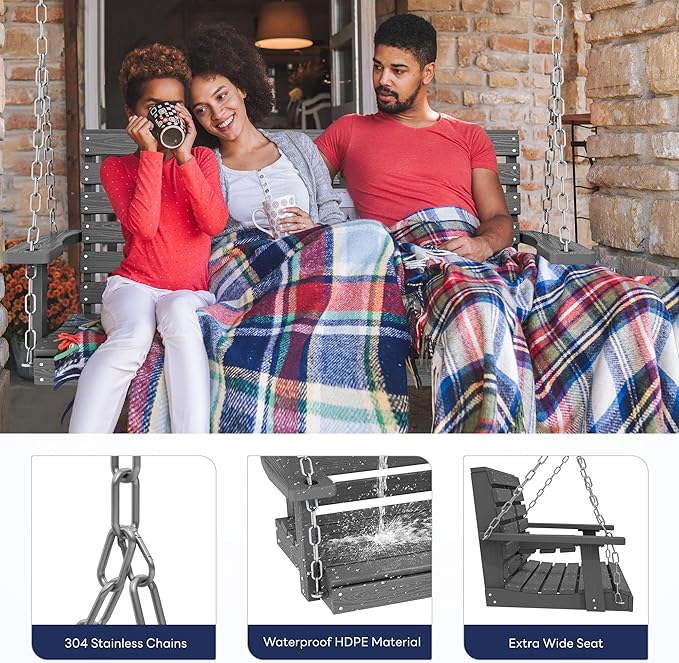 KINGYES Outdoor Hanging Patio Swing Chair Set of 4, 2 Seat Bench with Cup Holders, Waterproof for Courtyard & Garden, 660LBS Weight Capacity, Gray