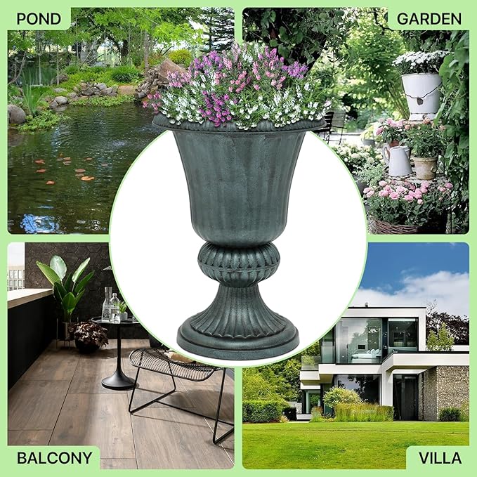 Magshion 20" Urn Planters for Outdoor Plants, Large Decorative Front Porch Planters Set of 2, Weatherproof Tall Plastic Flower Pots for Garden, Patio & Entryway Décor, Antique Green