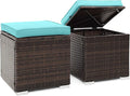 Tangkula 2 Pieces Patio Ottomans, Patiojoy Hand-Woven PE Rattan Side Table with Removable Cushion & Hidden Storage Space, Multifunctional Storage Box, Seat for Patio, Backyard, Poolside (Turquoise)