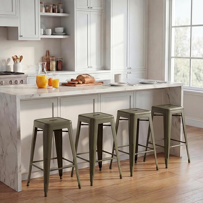 Shahoo 24 Inches Metal Bar Stools Counter Height Stackable Backless Stools, Industrial Patio Stools Indoor Outdoor Metal Kitchen Stools Set of 4 (Gun, 24'')