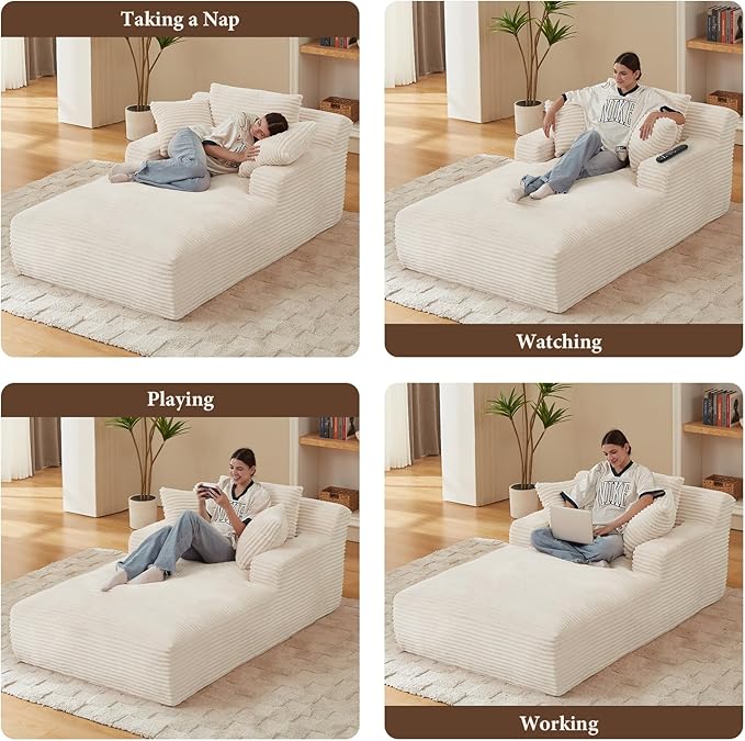 78.7" Chaise Lounge Chair Indoor, Oversized Boneless Couch Comfy Upholstered Sleeper Sofa Bed with 3 Pillows, Corduroy Cloud Reading Chair for Living Room No Assembly Required, White